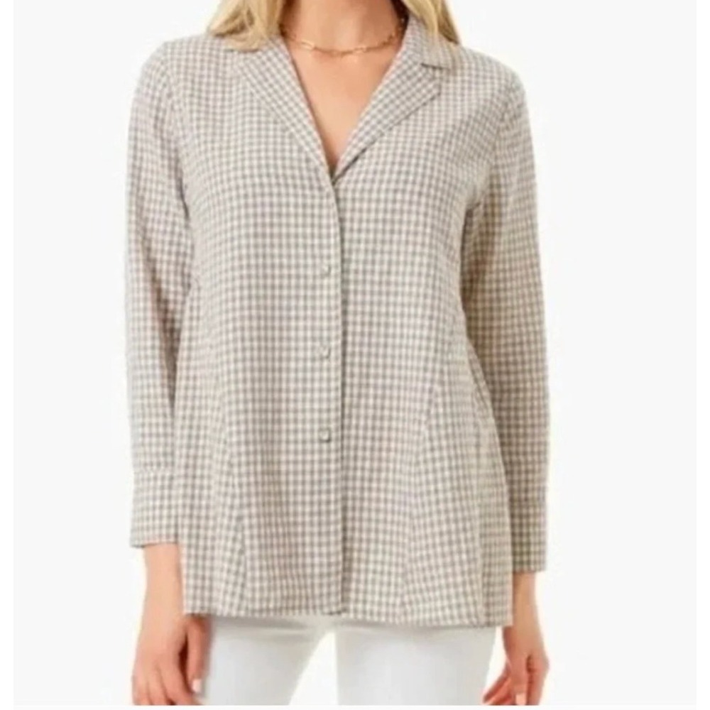 Tuckernuck Pomander Place Tan Gingham Cotton Linen Peplum Button Down Top LG